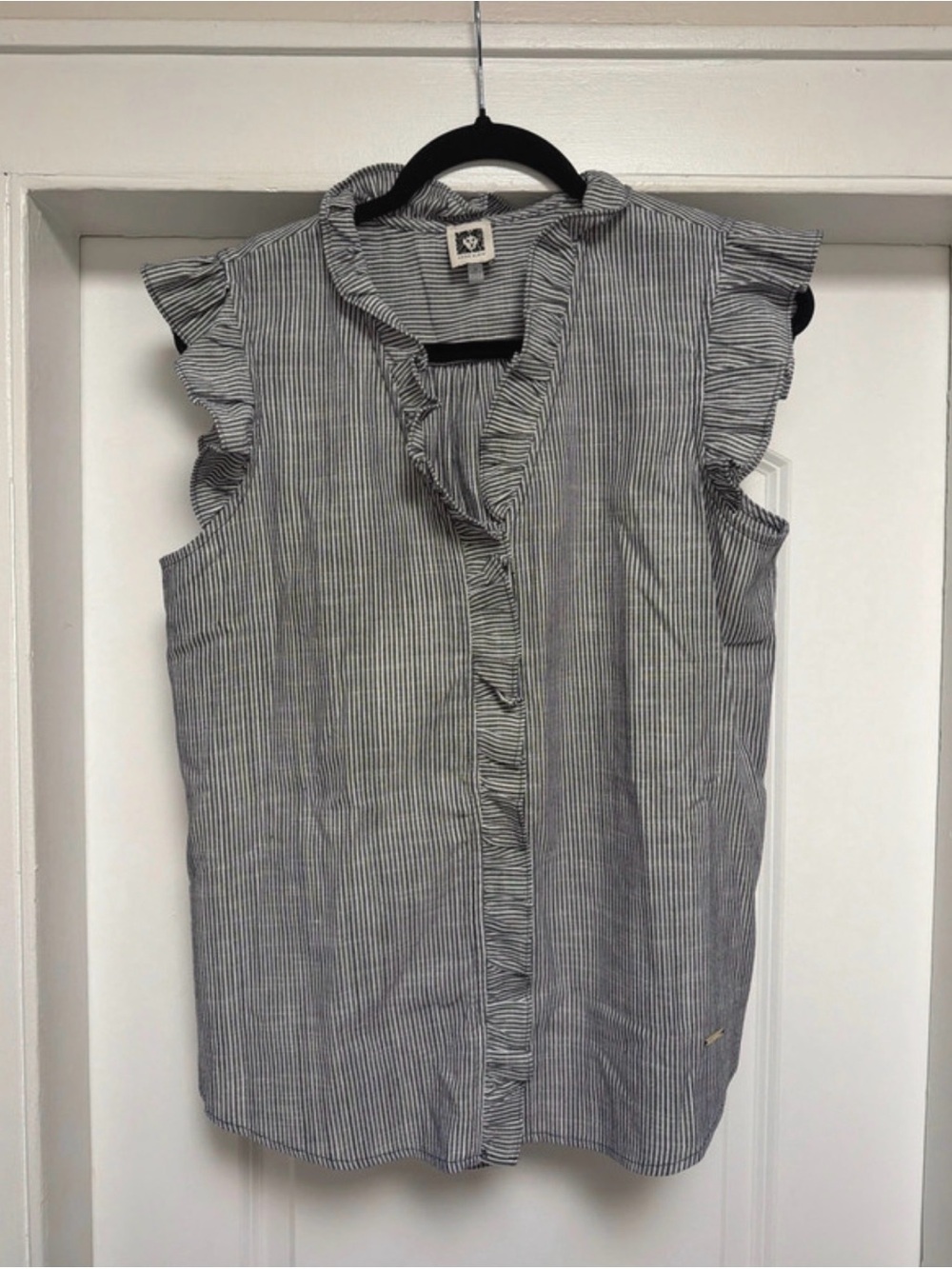 Anne Klein Ruffle Detail Stripe Cotton Button-Up Shirt Black & White Medium